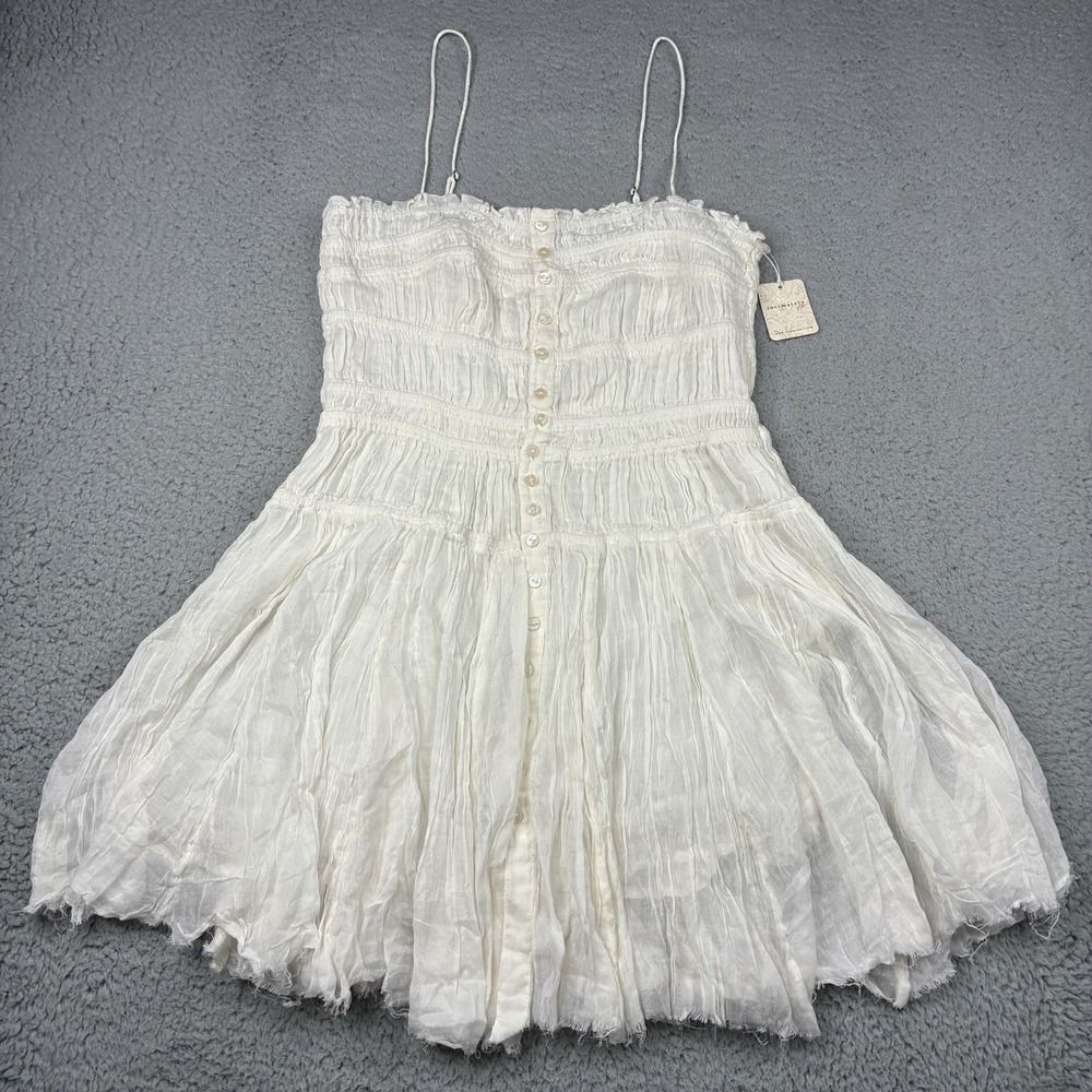 Free People One Lausanne Slip Dress Women's Large White Smocked Button Front NWT
